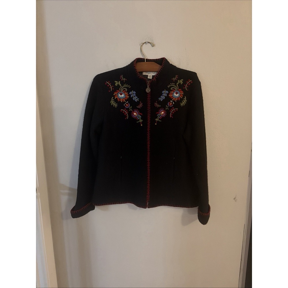 Coldwater Creek Jacket Womans Medium Floral Embroidered Wool Full Zip Sweater